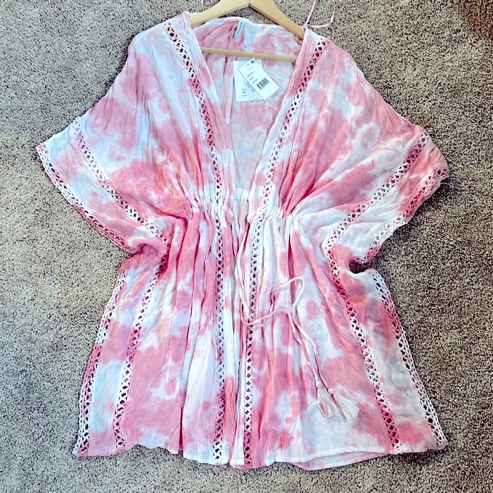 NWT pink swim cover up caftan loungewear pink white tie for tassel tie waist
